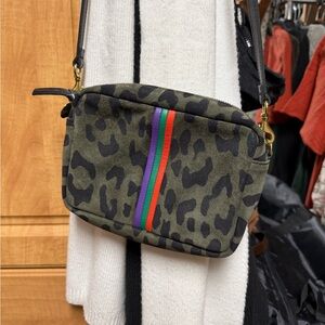 Clare V. Midi Sac Green Leopard multi stripe suede bag